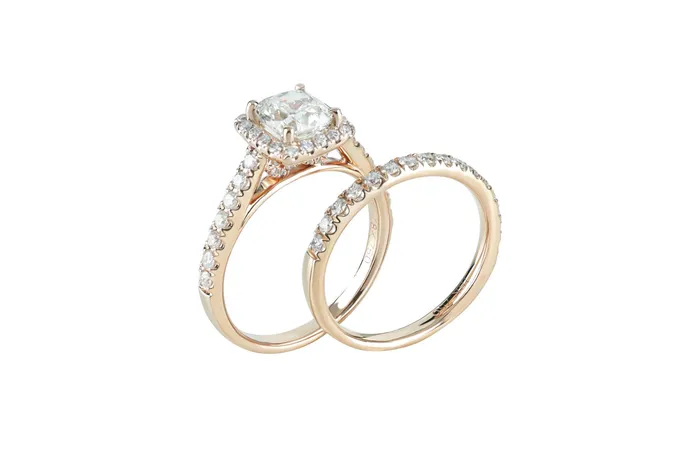 PreStyled Sets 2 ctw Cushion Cut Diamond Wedding Set 18k Rose Gold Crown Jewels Coin