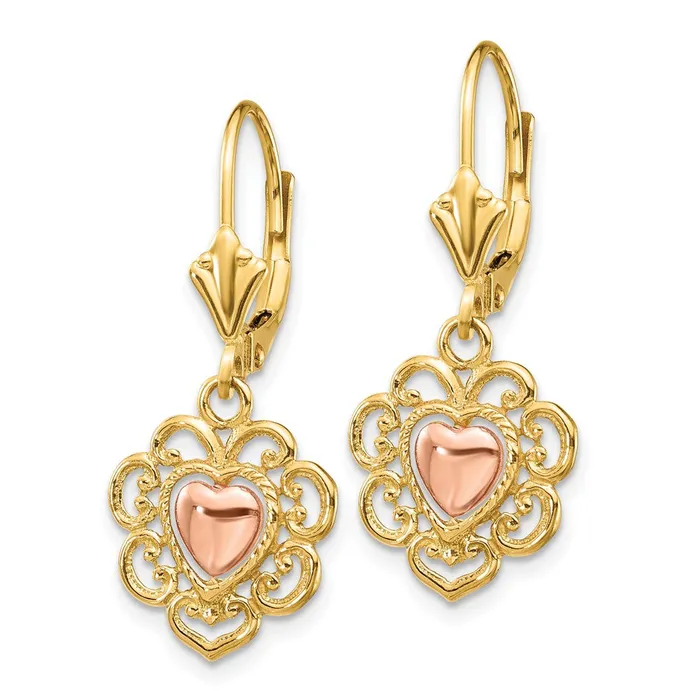 14k Twotone 12 mm Twotone Heart with Lace Trim Leverback Earrings 191 grams Qgold Earrings 14k Twotone 12 mm Twotone Heart with Lace Trim Leverback Earrings 191 grams Qgold Earrings