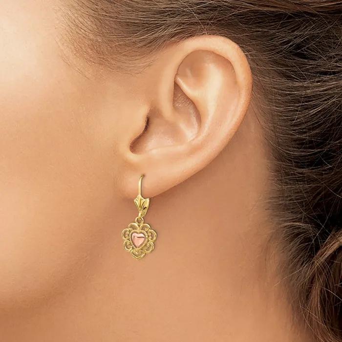 14k Twotone 12 mm Twotone Heart with Lace Trim Leverback Earrings 191 grams Qgold Earrings 14k Twotone 12 mm Twotone Heart with Lace Trim Leverback Earrings 191 grams Qgold Earrings