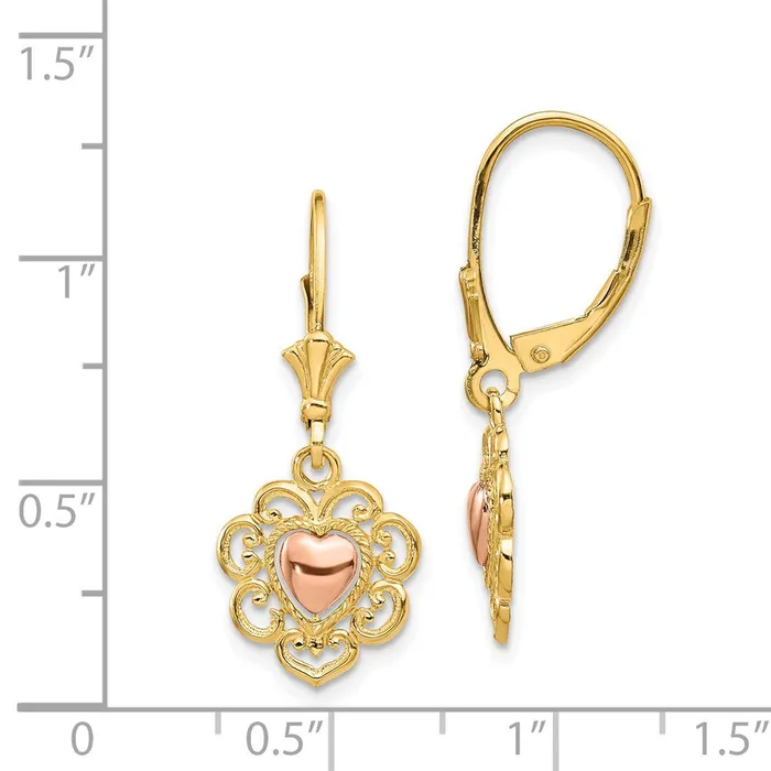 14k Twotone 12 mm Twotone Heart with Lace Trim Leverback Earrings 191 grams Qgold Earrings 14k Twotone 12 mm Twotone Heart with Lace Trim Leverback Earrings 191 grams Qgold Earrings