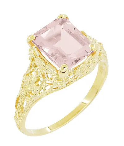 Emerald Cut Morganite Filigree Edwardian Engagement Ring in 14 Karat Yellow Gold Antique Jewelry Mall Rings Emerald Cut Morganite Filigree Edwardian Engagement Ring in 14 Karat Yellow Gold Antique Jewelry Mall Rings
