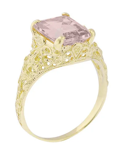 Emerald Cut Morganite Filigree Edwardian Engagement Ring in 14 Karat Yellow Gold Antique Jewelry Mall Rings Emerald Cut Morganite Filigree Edwardian Engagement Ring in 14 Karat Yellow Gold Antique Jewelry Mall Rings