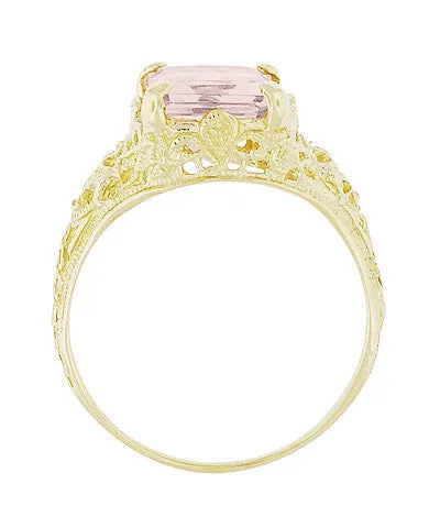 Emerald Cut Morganite Filigree Edwardian Engagement Ring in 14 Karat Yellow Gold Antique Jewelry Mall Rings Emerald Cut Morganite Filigree Edwardian Engagement Ring in 14 Karat Yellow Gold Antique Jewelry Mall Rings