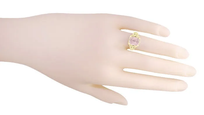Emerald Cut Morganite Filigree Edwardian Engagement Ring in 14 Karat Yellow Gold Antique Jewelry Mall Rings Emerald Cut Morganite Filigree Edwardian Engagement Ring in 14 Karat Yellow Gold Antique Jewelry Mall Rings