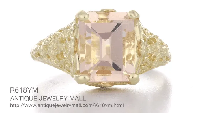 Emerald Cut Morganite Filigree Edwardian Engagement Ring in 14 Karat Yellow Gold Antique Jewelry Mall Rings Emerald Cut Morganite Filigree Edwardian Engagement Ring in 14 Karat Yellow Gold Antique Jewelry Mall Rings