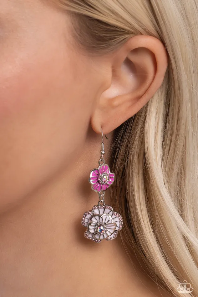 Intricate Impression Pink Iridescent Rhinestone Flower Silver Earrings Paparazzi Paparazzi Accessories Earrings
