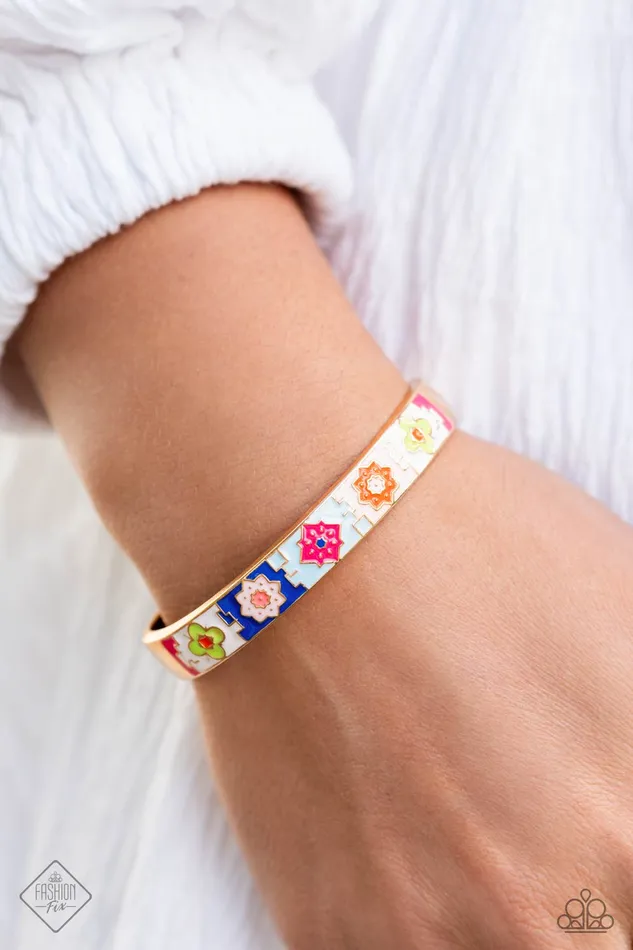 Paparazzi Accessories Bracelets Multicolored Moment Gold Colorful Pattern Cuff Bracelet Paparazzi Fashion Fix December 2023 Fashion Fix