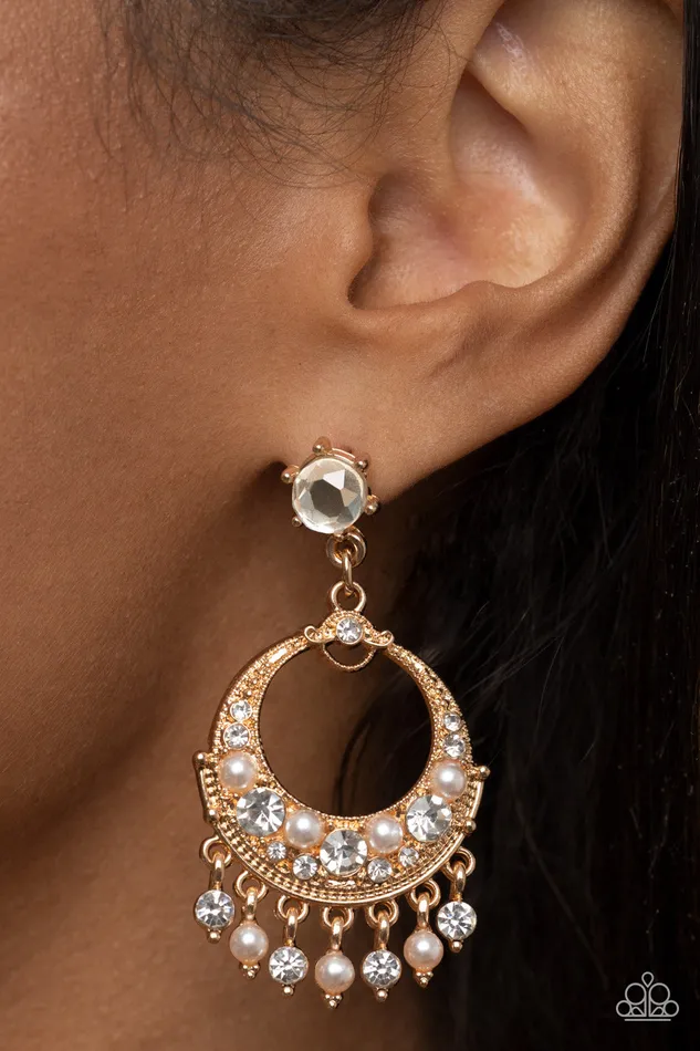 Paparazzi Accessories Earrings Marrakesh Request Gold White Rhinestone Earrings Paparazzi
