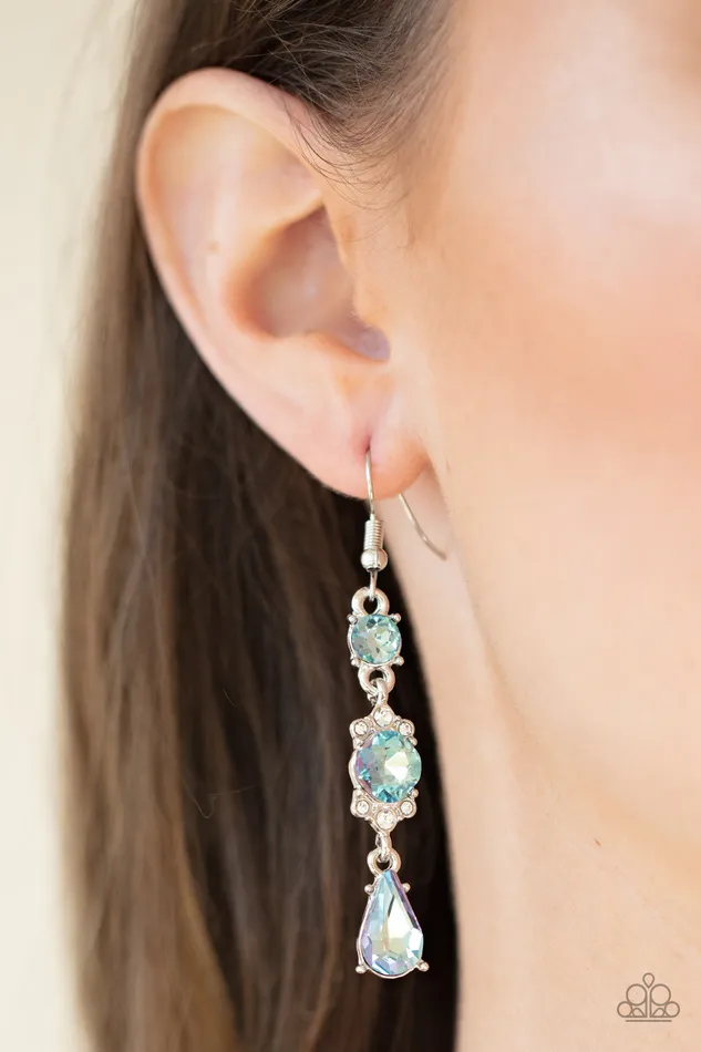 Paparazzi Accessories Earrings Outstanding Opulence Blue Iridescent Rhinestone Silver Earrings Paparazzi