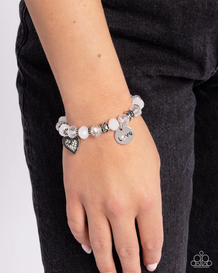 Paparazzi Accessories Filigree Finesse White Bead Silver LOVE Heart Stretchy Bracelet Paparazzi Bracelets
