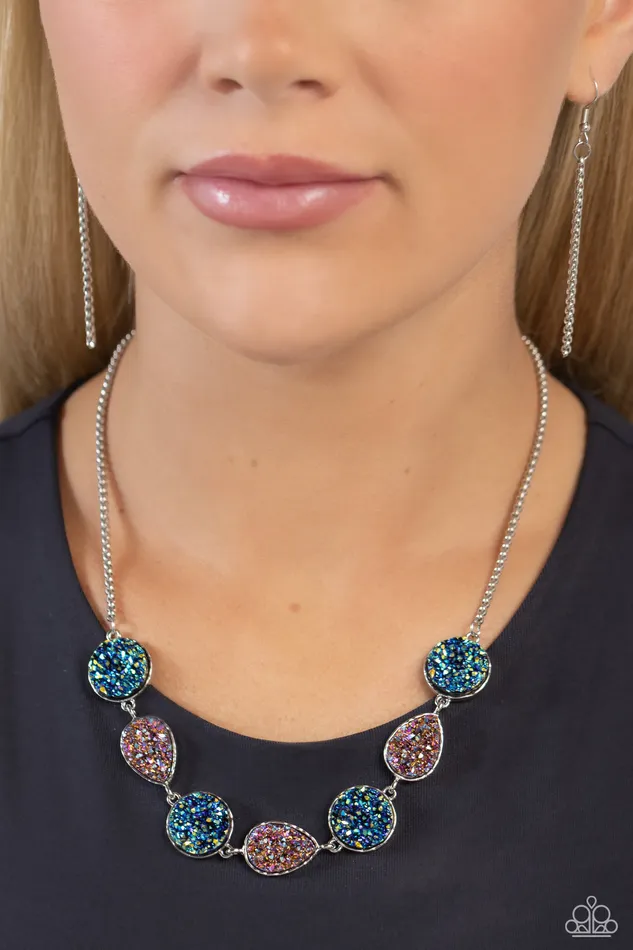 Paparazzi Accessories Necklaces Druzy Demand Multi Oil Spill and Purple Iridescent Rhinestone Silver Short Necklace Paparazzi