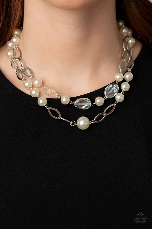 Paparazzi Accessories Necklaces Fluent In Affluence White Pearl Silver Bead Layered Necklace Paparazzi