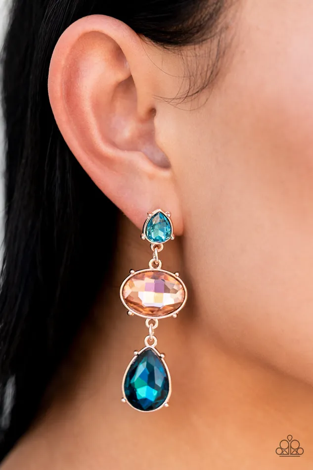 Paparazzi Accessories Royal Appeal Multi Blue and Peach Gem Rose Gold Post Earrings LIFE OF THE PARTY Sept 2022 Paparazzi Earrings