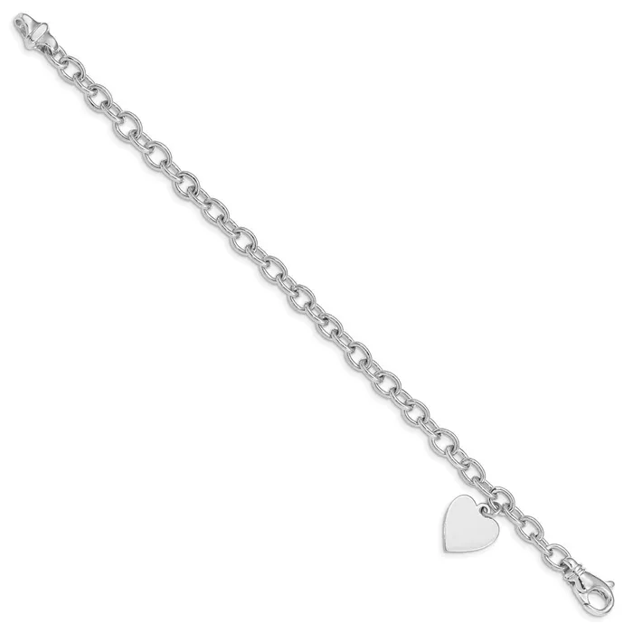 Qgold Bracelets 14k White Gold 13 mm in Polished Engravable Link with Heart Charm Bracelet 1251 grams