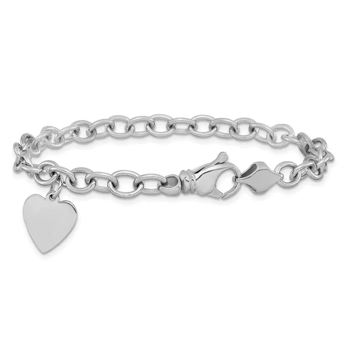Qgold Bracelets 14k White Gold 13 mm in Polished Engravable Link with Heart Charm Bracelet 1251 grams