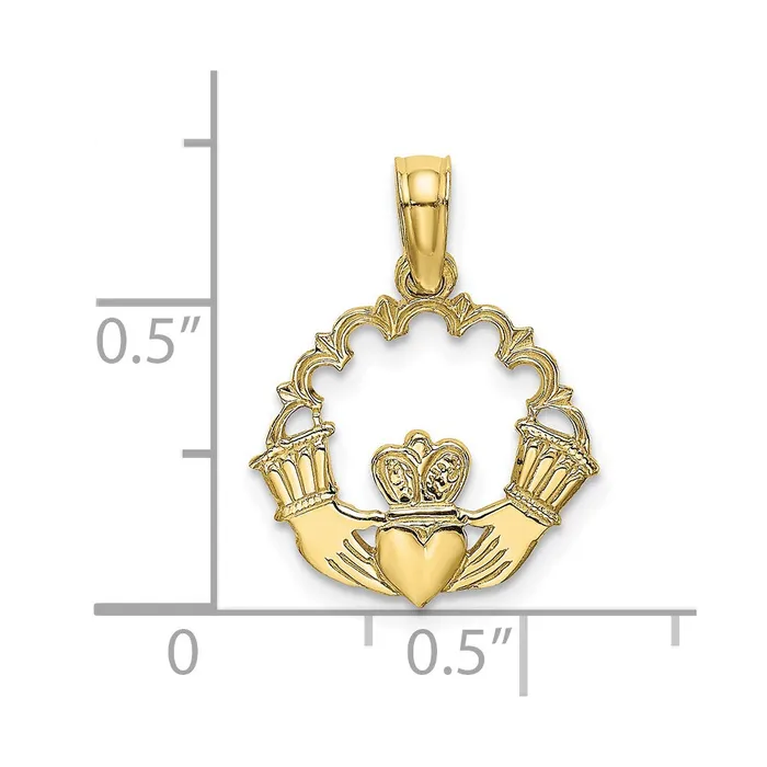 Qgold Charm Necklaces 10k Yellow Gold 15 mm Engraved Claddagh In Scallop Circle Charm 06 grams Qgold Charm Necklaces 10k Yellow Gold 15 mm Engraved Claddagh In Scallop Circle Charm 06 grams