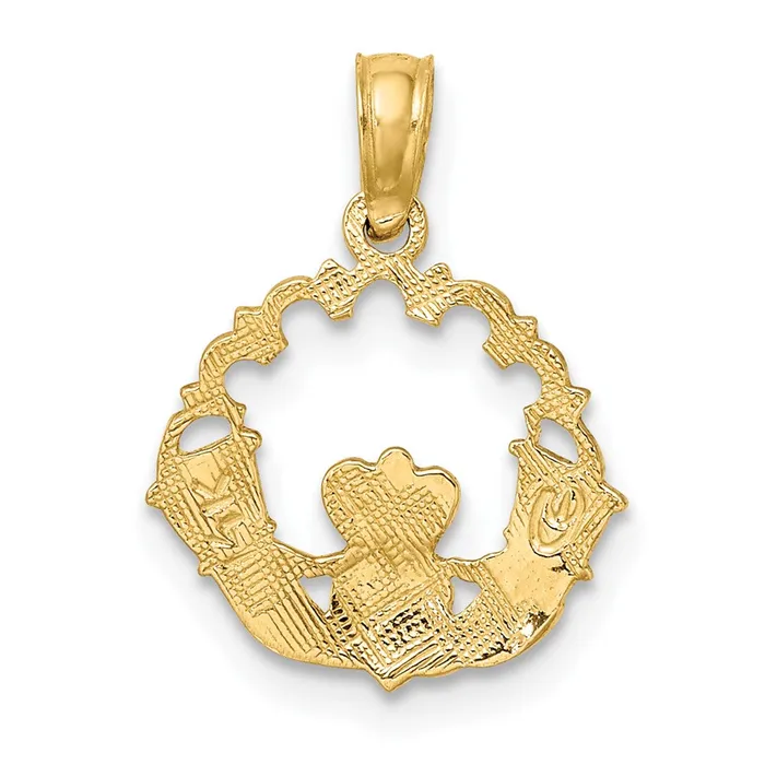Qgold Charm Necklaces 10k Yellow Gold 15 mm Engraved Claddagh In Scallop Circle Charm 06 grams Qgold Charm Necklaces 10k Yellow Gold 15 mm Engraved Claddagh In Scallop Circle Charm 06 grams