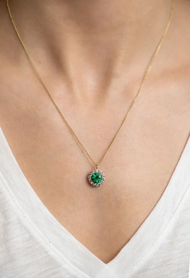 Skeies Jewelers Platinum Emerald Diamond Halo Pendant Necklace Necklaces