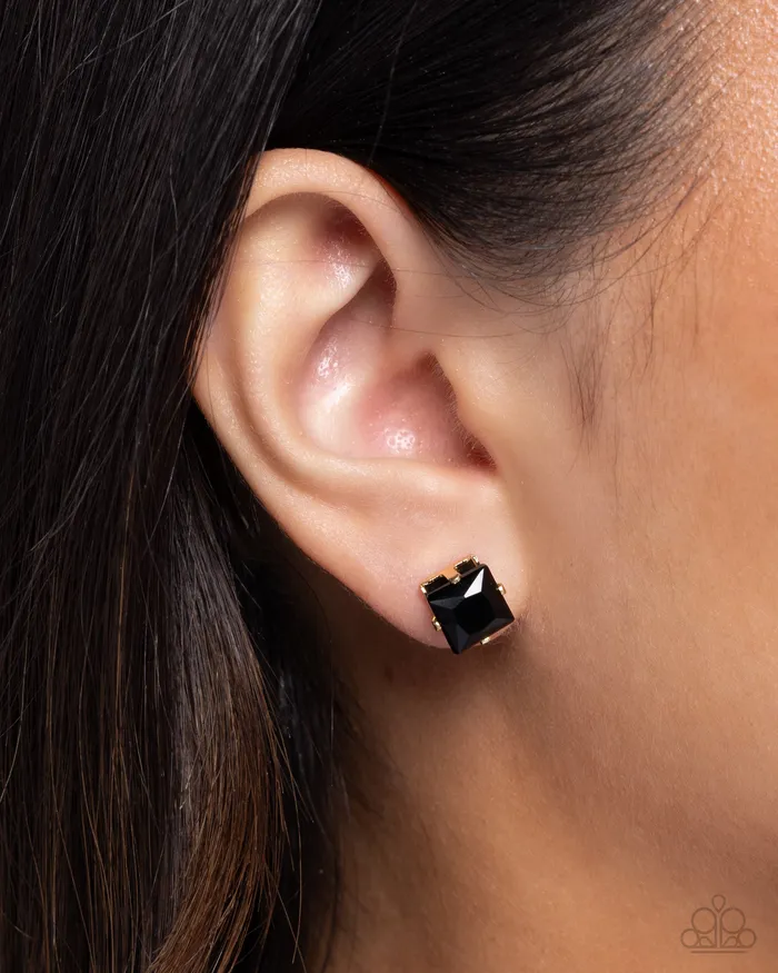 Squared Soprano Black Gem Gold Post Earrings Paparazzi Paparazzi Accessories Earrings